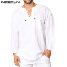 Load image into Gallery viewer, Streetwear Mens Shirts Bandage Lace Up V Neck Long Sleeve Tee Camisa Chemise Hombre Medieval Renaissance Fashion Men Clothing