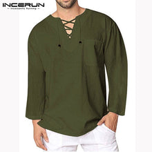 Load image into Gallery viewer, Streetwear Mens Shirts Bandage Lace Up V Neck Long Sleeve Tee Camisa Chemise Hombre Medieval Renaissance Fashion Men Clothing
