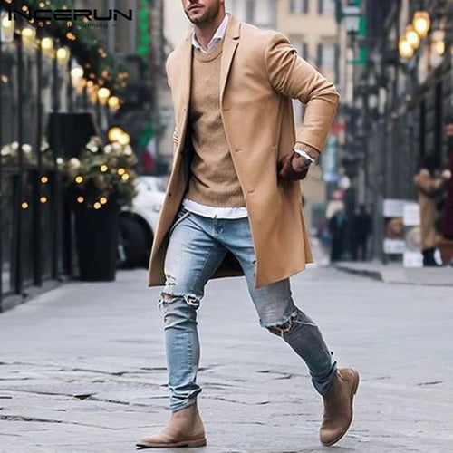 2019 Winter Fashion Men's Trench Long Jackets Coats Classic Jackets Solid Slim Fit Outwear Hombre INCERUN Overcoat Men Clothes